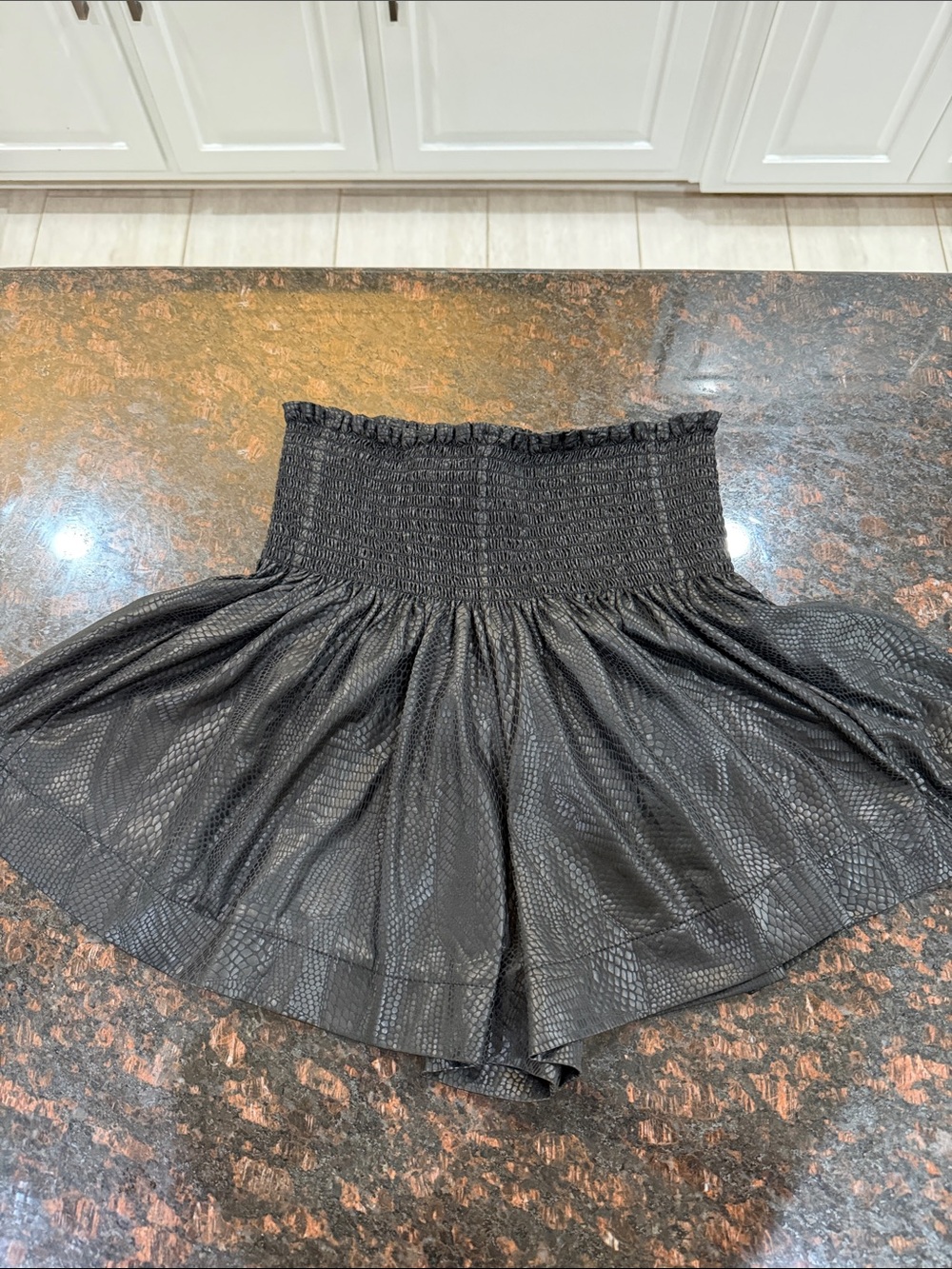 Queen of Sparkles Women’s Black Smocked Waist Textured Shorts Snakeskin Print